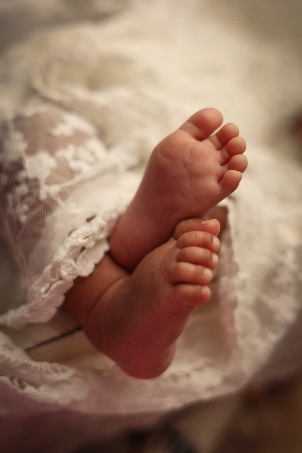 Tiny newborn feet peeking out from a white lace wrap