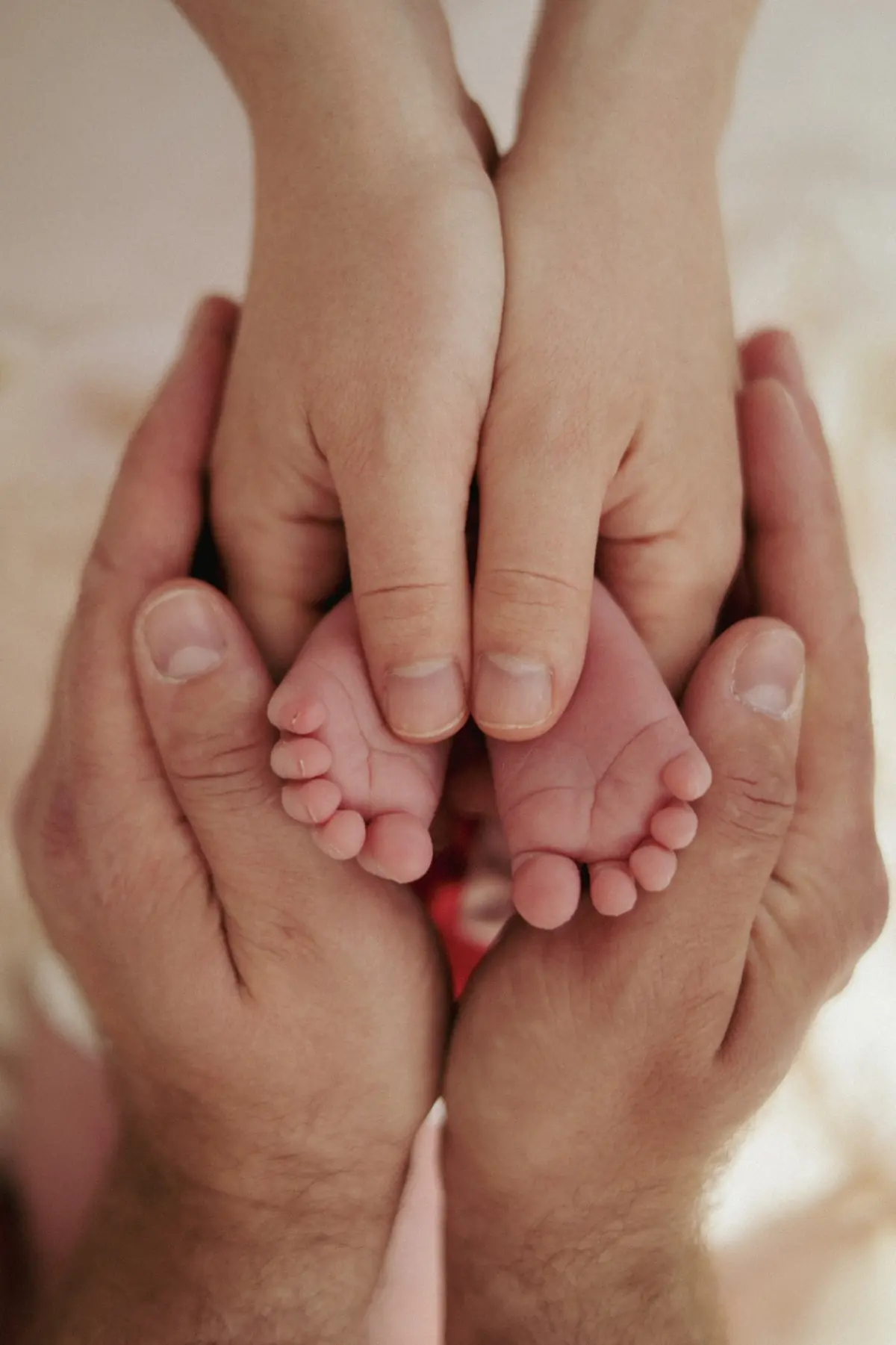 Tiny newborn feet cradled in parents' hands